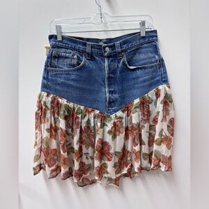 Vintage 1989 Upcycled Levi's Blue Denim Skirt with Floral Hem